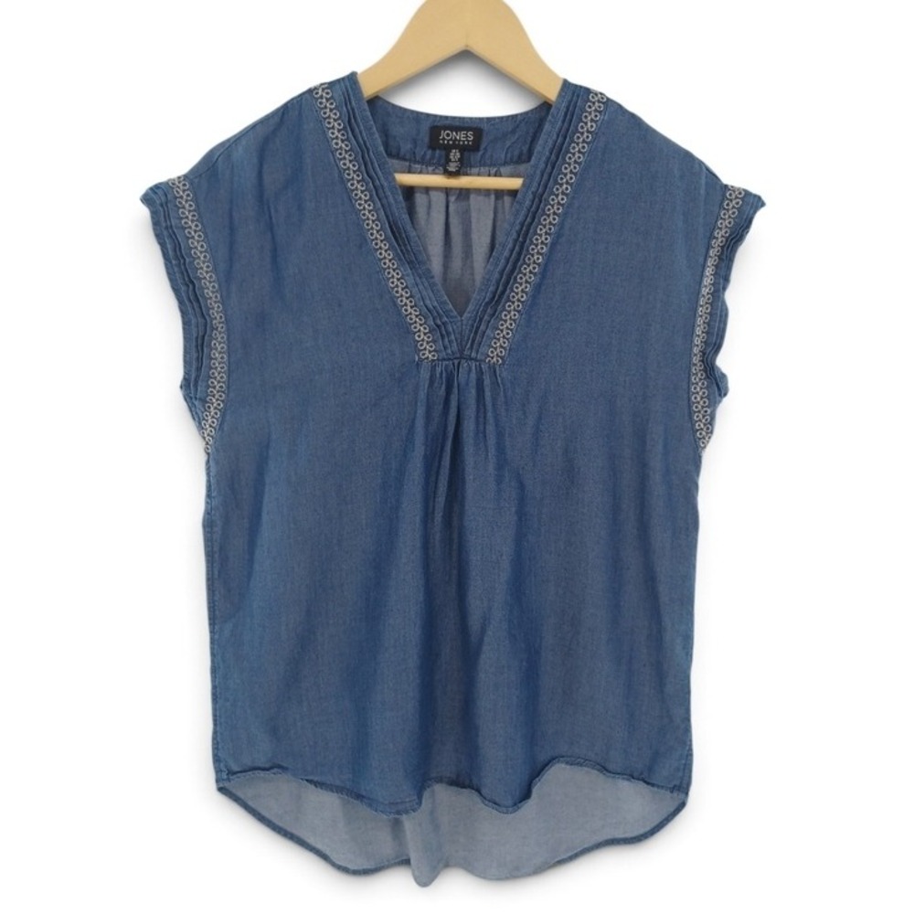 Jones New York Blouse Womens Small Blue Embroidered Lyocell Cap Sleeve Coastal